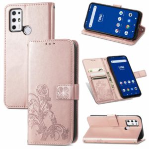 For Tone E21 Four-leaf Clasp Embossed Buckle Mobile Phone Protection Leather Case with Lanyard & Card Slot & Wallet & Bracket Function(Rose Gold) (OEM)