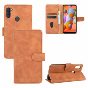For Samsung Galaxy A11 (Eurasian Version) Solid Color Skin Feel Magnetic Buckle Horizontal Flip Calf Texture PU Leather Case with Holder & Card Slots & Wallet(Brown) (OEM)