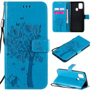 For Samsung Galaxy A21s Tree & Cat Embossed Pattern Horizontal Flip Leather Case with Holder & Card Slots & Wallet & Lanyard(Blue) (OEM)