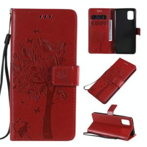 For Samsung Galaxy A31 Tree & Cat Embossed Pattern Horizontal Flip Leather Case with Holder & Card Slots & Wallet & Lanyard(Red) (OEM)
