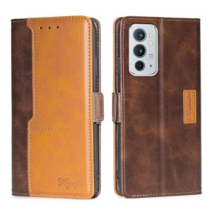 For OnePlus 9RT 5G Retro Texture Contrast Color Side Buckle Horizontal Flip Leather Phone Case with Holder & Card Slots & Wallet(Dark Brown+Gold) (OEM)