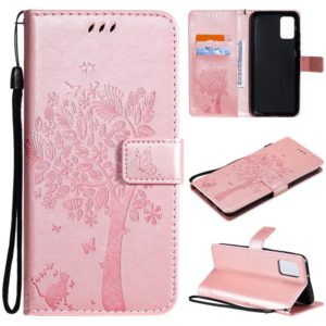 For Samsung Galaxy A02s Tree & Cat Pattern Pressed Printing Horizontal Flip PU Leather Case with Holder & Card Slots & Wallet & Lanyard(Rose gold) (OEM)