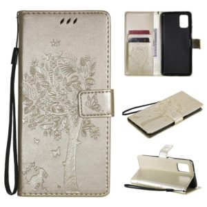 For Samsung Galaxy M31s Tree & Cat Pattern Pressed Printing Horizontal Flip PU Leather Case with Holder & Card Slots & Wallet & Lanyard(Gold) (OEM)