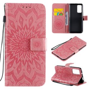 For Huawei Honor X10 Pressed Printing Sunflower Pattern Horizontal Flip PU Leather Case Holder & Card Slots & Wallet & Lanyard(Pink) (OEM)