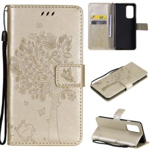 For OnePlus 9 Tree & Cat Pattern Pressed Printing Horizontal Flip PU Leather Case with Holder & Card Slots & Wallet & Lanyard(Gold) (OEM)