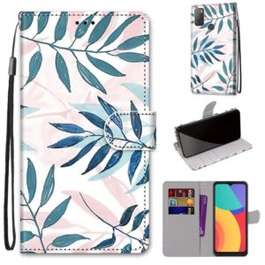 For Alcatel 3L 2021 Coloured Drawing Cross Texture Horizontal Flip PU Leather Case with Holder & Card Slots & Wallet & Lanyard(Pink Green Leaf) (OEM)