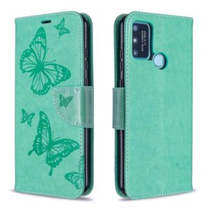 For Huawei Honor 9A Two Butterflies Embossing Pattern Horizontal Flip Leather Case with Holder & Card Slot & Wallet & Lanyard(Green) (OEM)