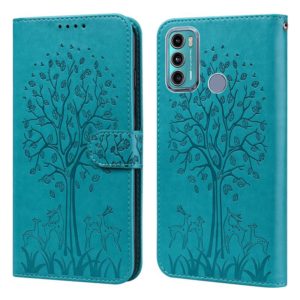 For Motorola Moto G60 Tree & Deer Pattern Pressed Printing Horizontal Flip Leather Phone Case(Blue) (OEM)