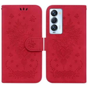 For Tecno Camon 18 Premier Butterfly Rose Embossed Leather Phone Case(Red) (OEM)