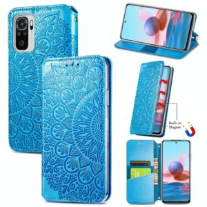 For Xiaomi Redmi Note 10 4G Blooming Mandala Embossed Pattern Magnetic Horizontal Flip Leather Case with Holder & Card Slots & Wallet(Blue) (OEM)