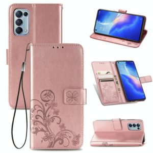 For OPPO Reno5 5G Four-leaf Clasp Embossed Buckle Leather Phone Case with Lanyard & Card Slot & Wallet & Holder(Rose Gold) (OEM)