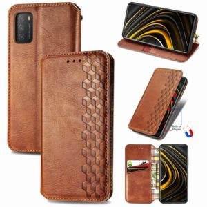 For Xiaomi POCO M3 Cubic Grid Pressed Horizontal Flip Magnetic PU Leather Case with Holder & Card Slots & Wallet(Brown) (OEM)