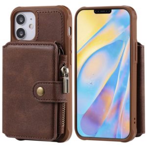 For iPhone 12 mini Zipper Shockproof Protective Case with Card Slots & Bracket & Photo Holder & Wallet Function (Coffee) (OEM)