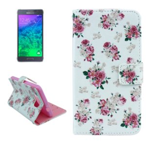 White And Rose Pattern Leather Case with Card Slots & Holder & Wallet for Galaxy Alpha (OEM)