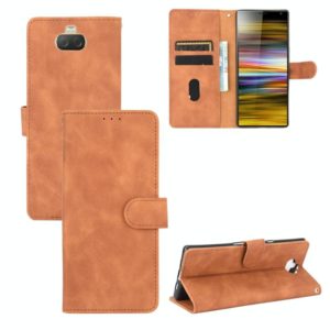 For Sony Xperia 10 Solid Color Skin Feel Magnetic Buckle Horizontal Flip Calf Texture PU Leather Case with Holder & Card Slots & Wallet(Brown) (OEM)