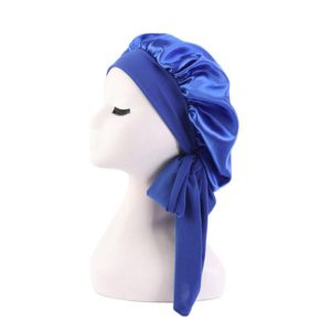 TJM-301-1 Faux Silk Adjustable Stretch Wide-Brimmed Night Hat Satin Ribbon Round Hat Shower Cap Hair Care Hat, Size: Free Size(Royal Blue) (OEM)