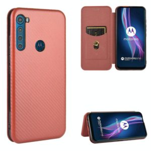 For Motorola Moto One Fusion Plus Carbon Fiber Texture Horizontal Flip TPU + PC + PU Leather Case with Rope & Card Slot(Brown) (OEM)