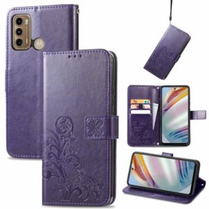 For Motorola Moto G60 Four-leaf Clasp Embossed Buckle Mobile Phone Protection Leather Case with Lanyard & Card Slot & Wallet & Bracket Function(Purple) (OEM)