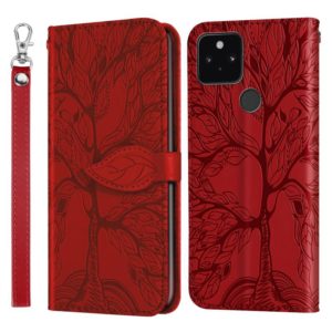 For Google Pixel 5 Life of Tree Embossing Pattern Horizontal Flip Leather Case with Holder & Card Slot & Wallet & Photo Frame & Lanyard(Red) (OEM)