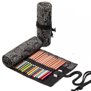 48 Holes Black Leaf Canvas Printing Pen Curtain Large Capacity Roll Pen Bag Sketch Color Lead Pen Bag (OEM)