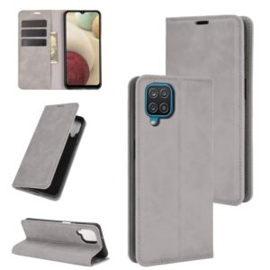 For Samsung Galaxy A12 Retro-skin Business Magnetic Suction Leather Case with Holder & Card Slots & Wallet(Grey) (OEM)