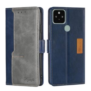 For Google Pixel 5 Retro Texture Contrast Color Buckle Horizontal Flip Leather Phone Case with Holder(Blue+Grey) (OEM)