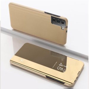 For Samsung Galaxy S21 FE Plated Mirror Horizontal Flip Leather Case with Holder(Gold) (OEM)