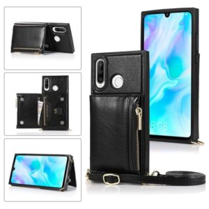 For Huawei P30 Lite Square Zipper Wallet Bag TPU+PU Back Cover Case with Holder & Card Slots & Wallet & Cross-body Strap(Black) (OEM)