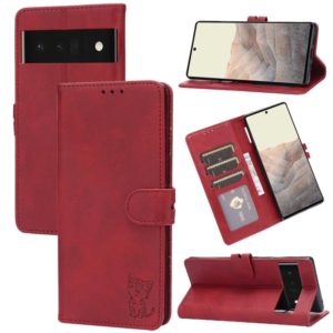 For Google Pixel 6 Embossed Happy Cat Pattern Horizontal Flip Leather Case with Holder & Card Slots & Wallet(Red) (OEM)