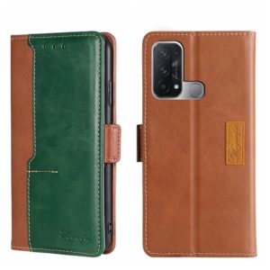 For OPPO Reno5 A Contrast Color Side Buckle Leather Phone Case(Light Brown + Green) (OEM)