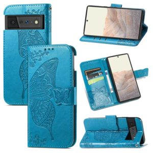 For Google Pixel 6 Butterfly Love Flowers Embossed Horizontal Flip Leather Case with Holder & Card Slots & Wallet & Lanyard(Blue) (OEM)