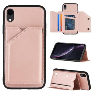 For iPhone XR Skin Feel PU + TPU + PC Back Cover Shockproof Case with Card Slots & Holder & Photo Frame(Rose Gold) (OEM)
