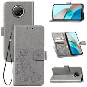 For Xiaomi Redmi Note 9 5G Four-leaf Clasp Embossed Buckle Mobile Phone Protection Leather Case with Lanyard & Card Slot & Wallet & Bracket Function(Gray) (OEM)
