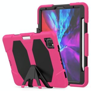 For iPhone 11 Pro For iPad Pro 11 inch (2020) Shockproof Colorful Silicon + PC Protective Case with Holder & Shoulder Strap & Hand Strap & Pen Slot(Rose Red) (OEM)