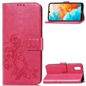 Lucky Clover Pressed Flowers Pattern Leather Case for Huawei Y6 Pro 2019, with Holder & Card Slots & Wallet & Hand Strap (Rose Red) (OEM)