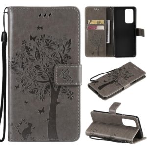 For OnePlus 9 Pro Tree & Cat Pattern Pressed Printing Horizontal Flip PU Leather Case with Holder & Card Slots & Wallet & Lanyard(Grey) (OEM)
