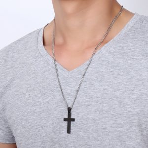 Europe and America Style Fashion Men Jewelry High Polished Stainless Steel + Plating Simple Cross Necklace with Chain (Black) (OEM)