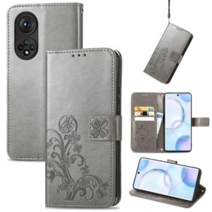 For Honor 50 Four-leaf Clasp Embossed Buckle Mobile Phone Protection Leather Case with Lanyard & Card Slot & Wallet & Bracket Function(Gray) (OEM)