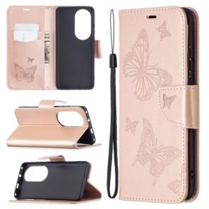 For Huawei P50 Pro Two Butterflies Embossing Pattern Horizontal Flip Leather Case with Holder & Card Slot & Wallet & Lanyard(Rose Gold) (OEM)