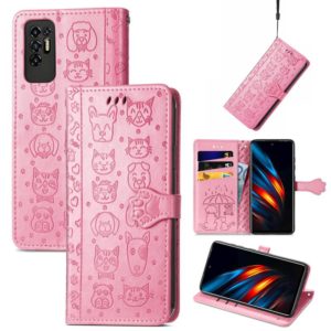For Tecno Pova 2 Lovely Cat and Dog Embossing Pattern Horizontal Flip Leather Phone Case with Holder & Card Slots & Wallet & Cartoon Clasp & Lanyard(Pink) (OEM)