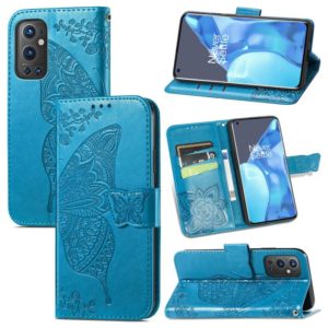 For OnePlus 9 Pro Butterfly Love Flowers Embossed Horizontal Flip Leather Case with Holder & Card Slots & Wallet & Lanyard(Blue) (OEM)