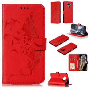 Feather Pattern Litchi Texture Horizontal Flip Leather Case with Wallet & Holder & Card Slots For LG K50(Red) (OEM)