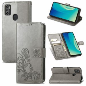For ZTE A7S 2020 Four-leaf Clasp Embossed Buckle Mobile Phone Protection Leather Case with Lanyard & Card Slot & Wallet & Bracket Function(Grey) (OEM)