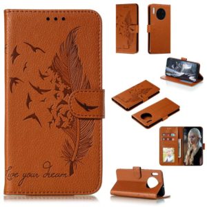 For Huawei Mate 30 Feather Pattern Litchi Texture Horizontal Flip Leather Case with Holder & Wallet & Card Slots(Brown) (OEM)