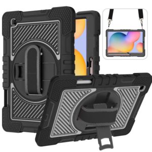 For Samsung Galaxy Tab S6 Lite P610/P615 360 Degree Rotation Contrast Color Shockproof Silicone + PC Case with Holder & Hand Grip Strap & Shoulder Strap(Black) (OEM)