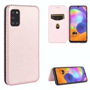 For Samsung Galaxy A31 Carbon Fiber Texture Horizontal Flip TPU + PC + PU Leather Case with Rope & Card Slot(Pink) (OEM)