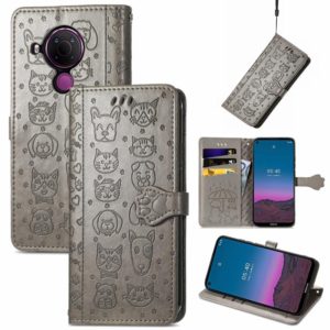 For Nokia 5.4 Lovely Cat and Dog Embossing Pattern Horizontal Flip Leather Case , with Holder & Card Slots & Wallet & Cartoon Clasp & Lanyard(Grey) (OEM)