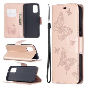 For Samsung Galaxy A02s (EU Version) Embossing Two Butterflies Pattern Horizontal Flip PU Leather Case with Holder & Card Slot & Wallet & Lanyard(Rose Gold) (OEM)