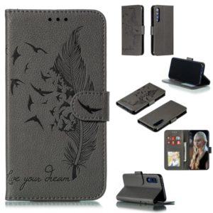 Feather Pattern Litchi Texture Horizontal Flip Leather Case with Wallet & Holder & Card Slots For Xiaomi Mi 9 SE(Gray) (OEM)