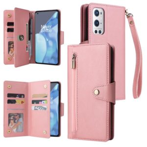 For OnePlus 9 Pro Rivet Buckle 9 Cards Three Fold Leather Phone Case(Rose Gold) (OEM)